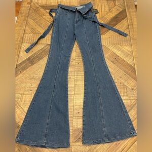 High-Waist Dark Blue Flare Jeans with Center Panel Seams